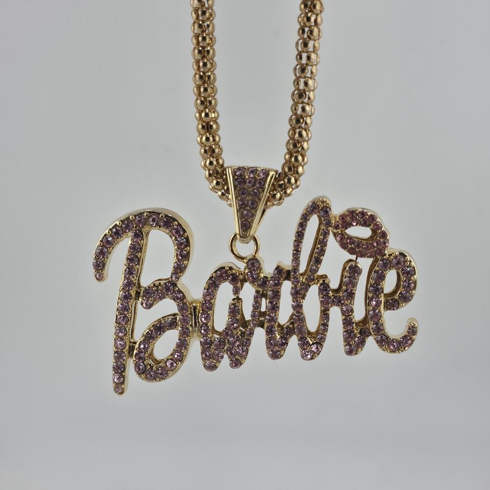 Gold Tone Barbie Script Pendant Necklace Pink Rhinestone Hip Hop Rapper CHUNKY